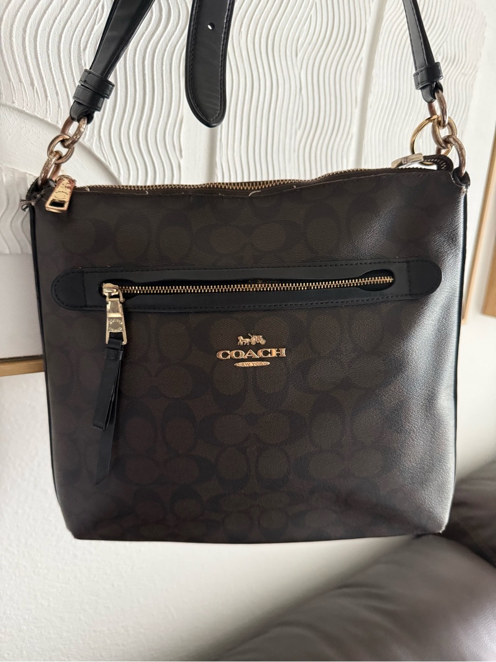 COACH Brown Signature Leather Shoulder Bag with Gold Hardware